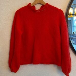 Sezane Red sweater with delicate embroidery neckline